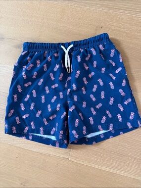 Kids Navy Swim Trunks with Pink Pineapple Print